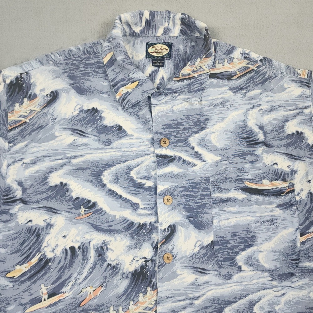Vintage Tommy Bahama Shirt Mens M Blue Hawaiian Surfing Waves Canoe Rayon Aloha - Picture 2 of 13